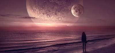 幻想 海滩 行星 女孩 光 神秘 情绪 月亮 梦 云 景观