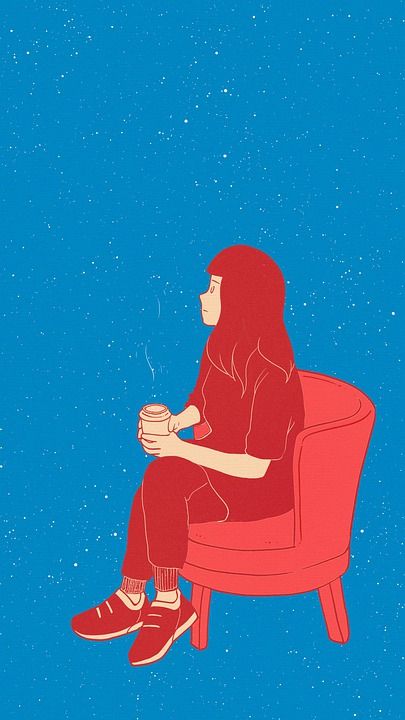 手绘 星空 夜晚 休息 女孩 咖啡 茶 蓝色咖啡 蓝茶