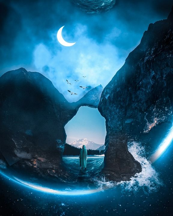 洞穴 月亮 新月 背景 照相馆 幻想 山 多雾路段 景观 夜晚