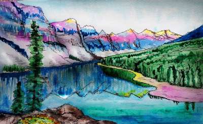 山 湖 加拿大 森林 湾 自然 河 山丘 岩石 绘画 画画