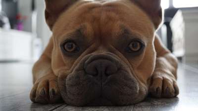 法国斗牛犬 脸 鼻子 爪子 眼睛 皮肤上的皱纹 毛皮 浅褐色的