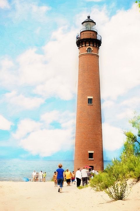 密歇根灯塔 夏天 红砖 密歇根州 地标 结构 海岸 旅行 景观