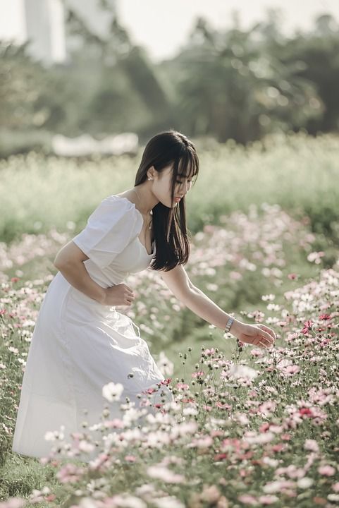 女士 花朵 原野 草地 裙子 女性 模型 人 美丽 自然