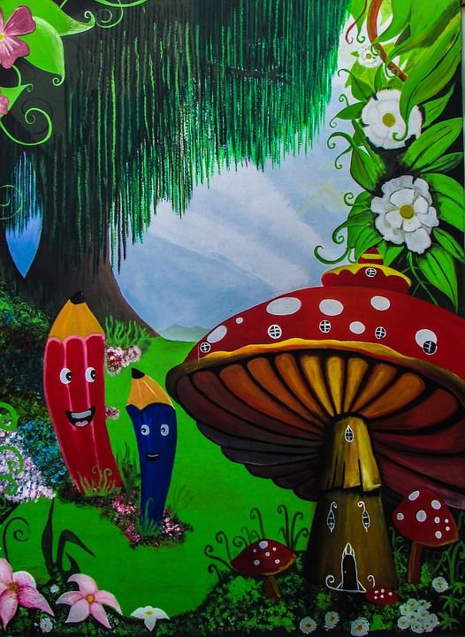 幼儿园 绘画 墙 丰富多彩的 幻想 蘑菇 铅笔
