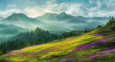 生成的Ai 幻想 性质 景观 山 远景 鲜花 牧场