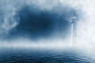 灯塔 水 月亮 多雾路段 云 星星 夜晚 天堂 蓝色的 神秘