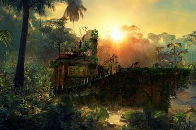 幻想 绘 船 破坏 丛林 日落 流动