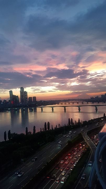 日落 汉江 城市 韩国 河 桥 摩天大楼 天际线 路 高速公路