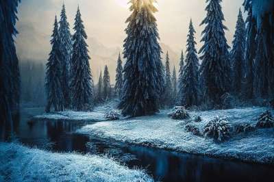生成的Ai 幻想 景观 冬天 雪 河 树木 森林 太阳 户外