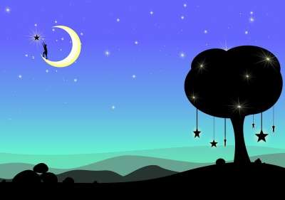月亮 梦 幻想 超现实的 夜晚 黑暗 蓝色的 插图 卡通片