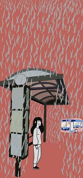 巴士站 女士 雨 公共汽车 女孩 漫画 卡通片 墙纸