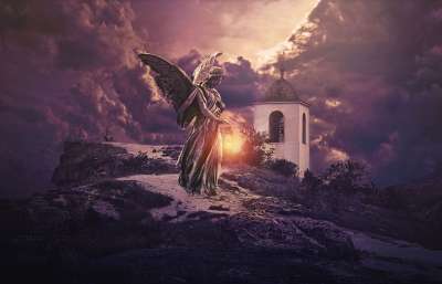 幻想 哥特 黑暗的 庵 天使 雕像 女性 灯 光 天空