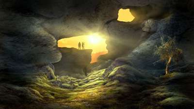 幻想 景观 洞穴 太阳 光 人们 神秘 自然 童话 气氛