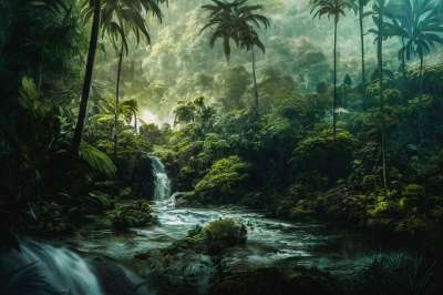 生成的Ai 幻想 丛林 瀑布 河 天堂 有雾的 树木 热带