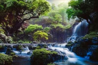瀑布 树木 河 森林 丛林 热带 天堂 幻想 生成的Ai