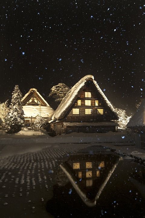 雪景 白川乡 雪夜 白河 房子 夜景 白川 晚上 雪 冬季