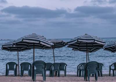 海滩 海 采取 阳伞 椅子 雨伞 日落 自然 夏天 景观