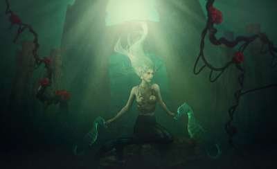 幻想 美人鱼 海 岩石 水下 鱼 海马 神奇 阳光 情绪