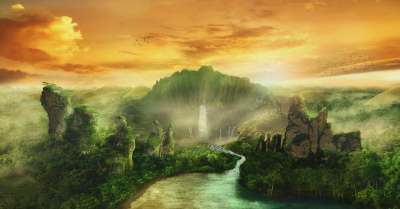 幻想 瀑布 河 日落 景观 山 日出 神秘森林 背景 墙纸