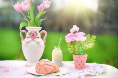 小吃 糕点 牛奶 花朵 粉色的 春天 室外吃 食物 点心 甜的