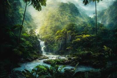 生成的Ai 幻想 瀑布 丛林 森林 天堂 树木 有雾的 户外