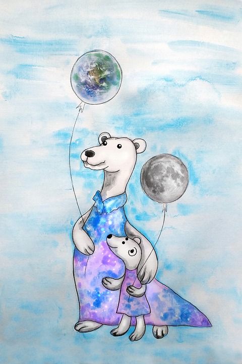 北极熊 气球 水彩 母亲 孩子 熊 动物 行星 月亮 儿童插画