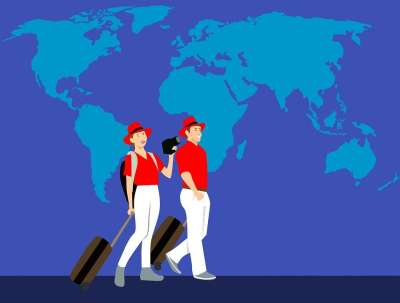 世界地图 旅行 夫妻 游客 保险 世界 手提箱 地球 快乐的
