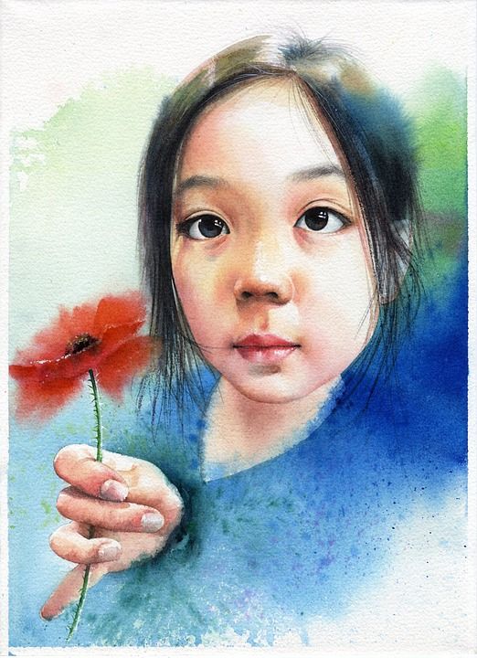 肖像水彩 儿童 肖像 女孩 脸 孩子们画画
