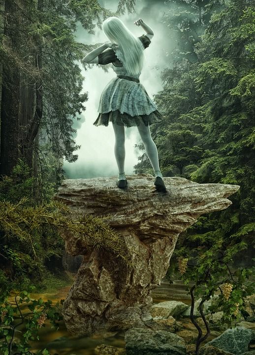 女士 岩石 哥特 树木 白色的头发 长发 水 牧草 天空 魔法