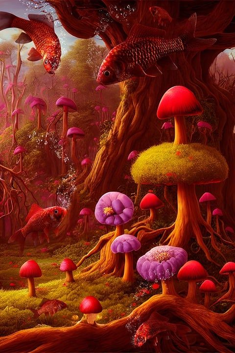 幻想 神秘森林 蘑菇 超现实的 海 水下 草 自然 野生动物