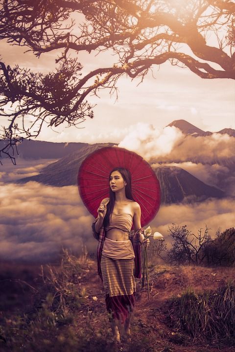 雨伞 幻想 景观 幻想风景 女性 女士 女孩 年轻 美丽 模型