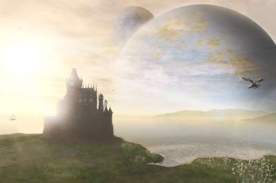 城堡 海 景观 龙 行星 科幻小说 科幻 幻想 日出 日落