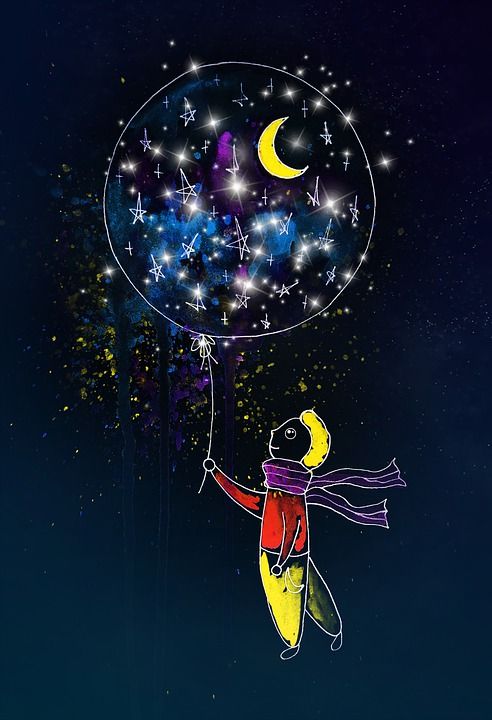 气球 空间 男孩 天空 星星 月亮 婴儿 水彩 多彩 梦