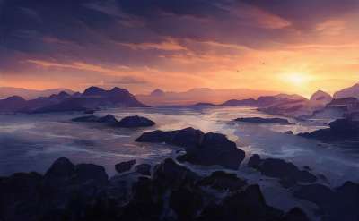 山 日落 河