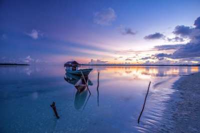 海滩 船 海 海洋 地平线 日落 日出 黄昏 暮 反射