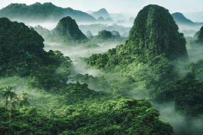 景观 丛林 树木 山 绿色 热带 生成的Ai