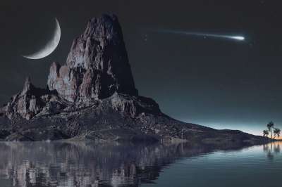 景观 山 夜 亲爱的 月亮 星级 风筝 幻想 反射 手掌