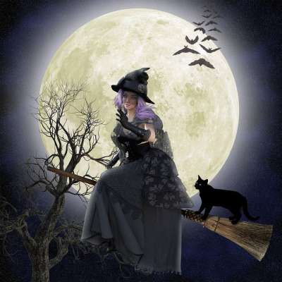 巫婆 万圣节 月亮 女士 猫 夜晚 蝙蝠 扫帚 飞行 魔法