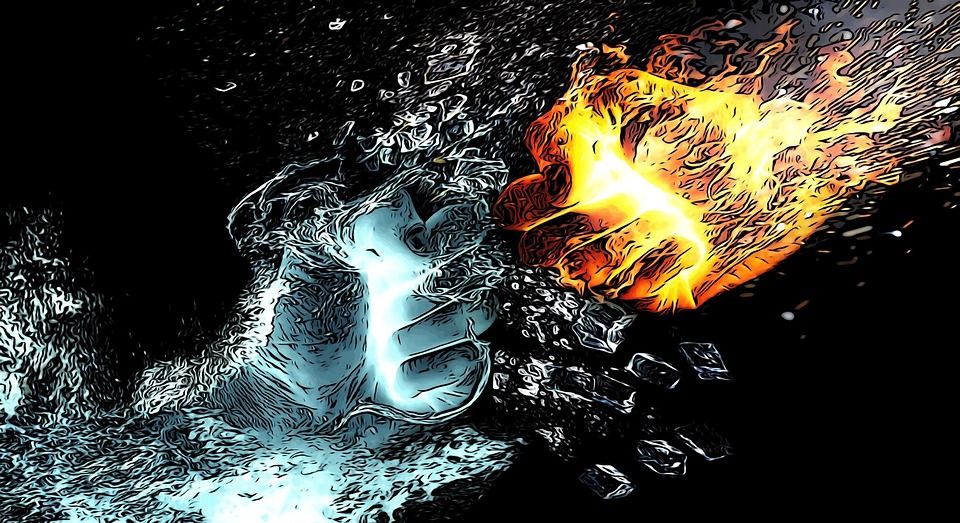 漫画, 斗争, 手, 战斗, 砰, 象征, 攻击, 火, 力量, 水, 冰