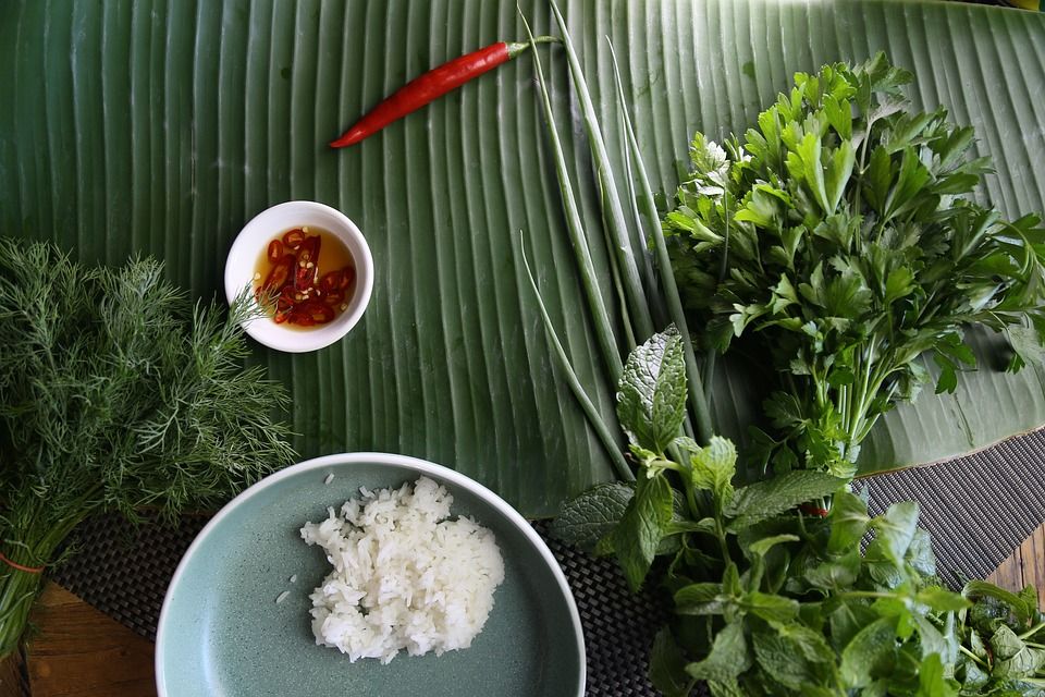 泰国成分, 茉莉香米, 泰国草药, 泰式风格, 香蕉叶, 辣椒, 背景