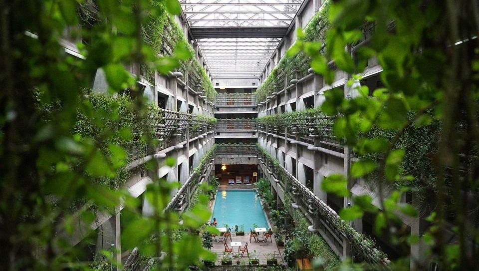 酒店, 结构, 现代的, 设计, 建造, 白色的, 内部的, 城市的, 风格