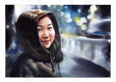 水彩 肖像水彩 肖像 绘画 女士 朱珠妍 女孩 兜帽 街
