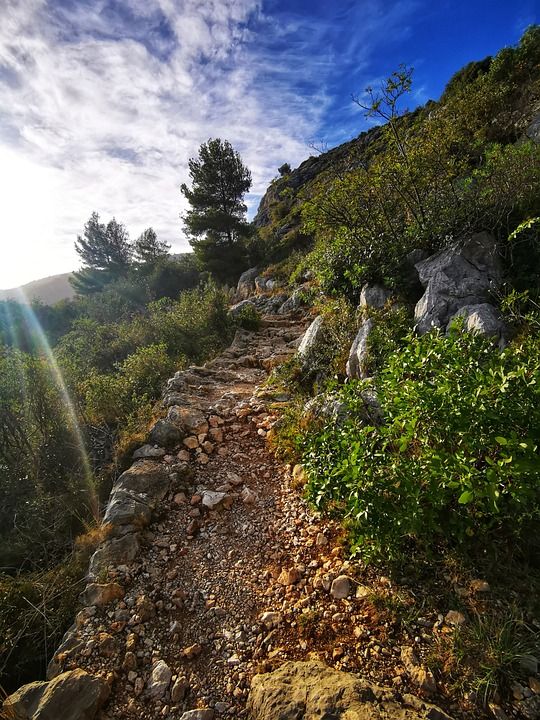 小路 远足径 石质的 陡 山 景观 日落 首脑 上升 生活方式