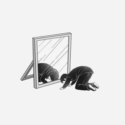镜子 下跪 超现实的 自恋 男人 人 反射 画画 卡通片 绘画