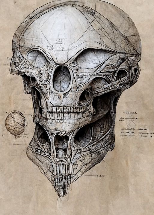 颅骨 外星人 设计 古老的 恐怖 可怕的 爬行 头 画画 绘画