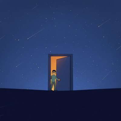 男人 门 星星 超现实的 卡通片 绘画 想象力 幻想 创造力