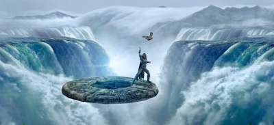 幻想 瀑布 深渊 飞行 徘徊 男人 景观 神秘 情绪 自然