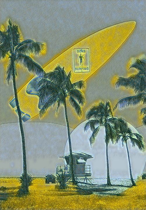 棕榈树 海滩 救生员站 冲浪板 一台电视 沙 日落 海洋 艺术品