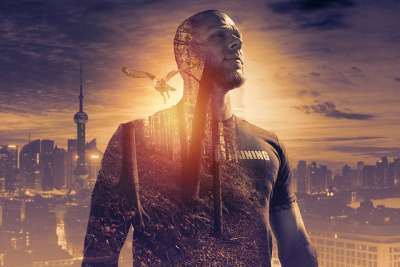 肖像 幻想 幻想肖像 三曝光 黑暗的 男人 树木 木头 城市