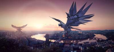 幻想 城市 纪念碑 鹰 流动 巨大 未来 科幻 建造 超现实的